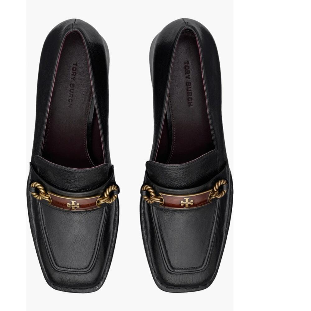 Women's 8M Tory Burch Perrine Loafer Pumps Black Leather Block Heel‎ Sold Out